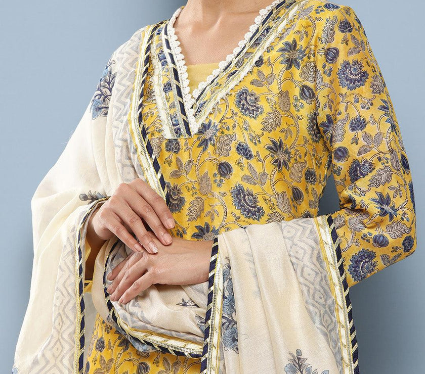 Divena Yellow Pure Chanderi Kurta Pant Set with Dupatta - divena world