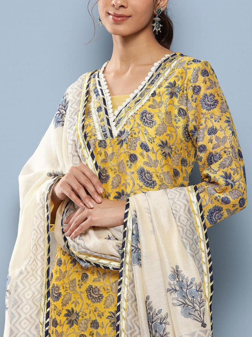 Divena Yellow Pure Chanderi Kurta Pant Set with Dupatta - divena world