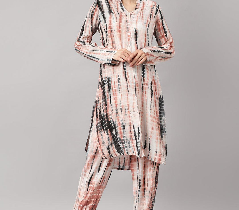 Divena Cream Muslin Tie and Dye Kurta with Ham Cuffed Pant Set - divena world