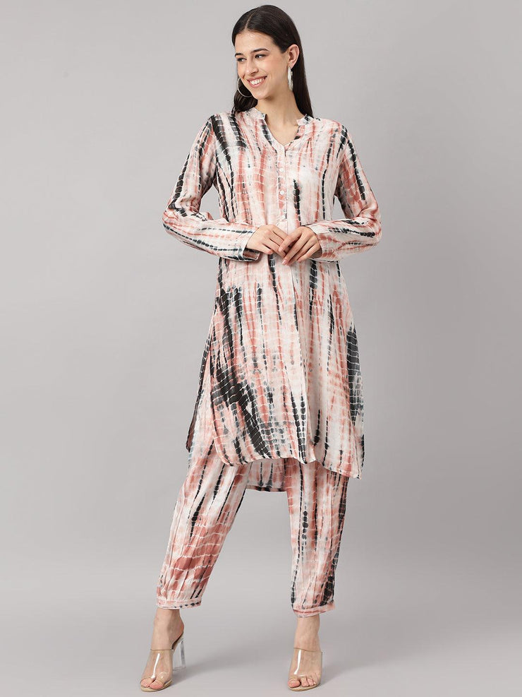 Divena Cream Muslin Tie and Dye Kurta with Ham Cuffed Pant Set - divena world