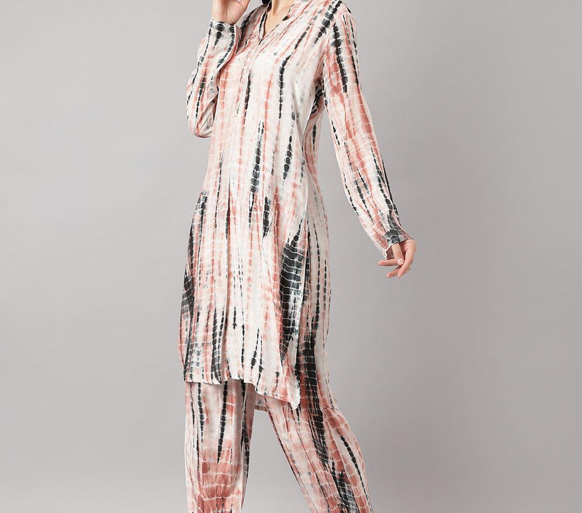 Divena Cream Muslin Tie and Dye Kurta with Ham Cuffed Pant Set - divena world