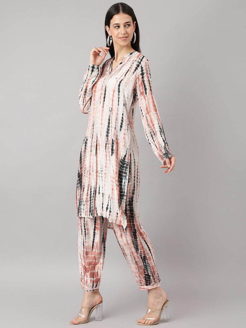 Divena Cream Muslin Tie and Dye Kurta with Ham Cuffed Pant Set - divena world