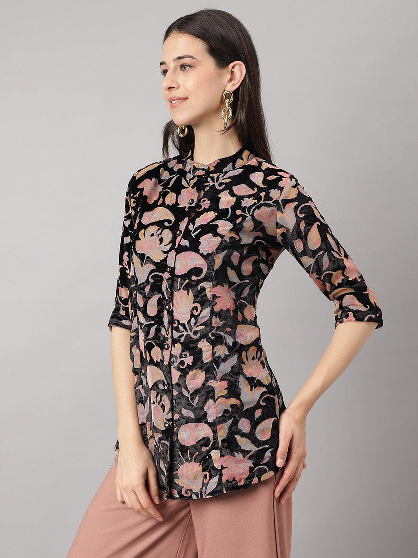 Divena Black Floral Burn out Valvet A-line Shirts Style Top - divena world