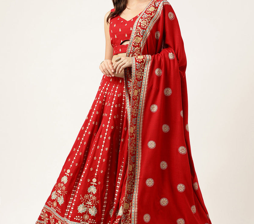 Ethnic Motifs Printed Maroon Lehenga & Blouse With Dupatta