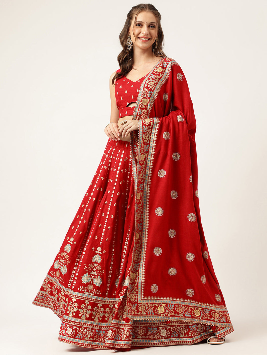 Ethnic Motifs Printed Maroon Lehenga & Blouse With Dupatta