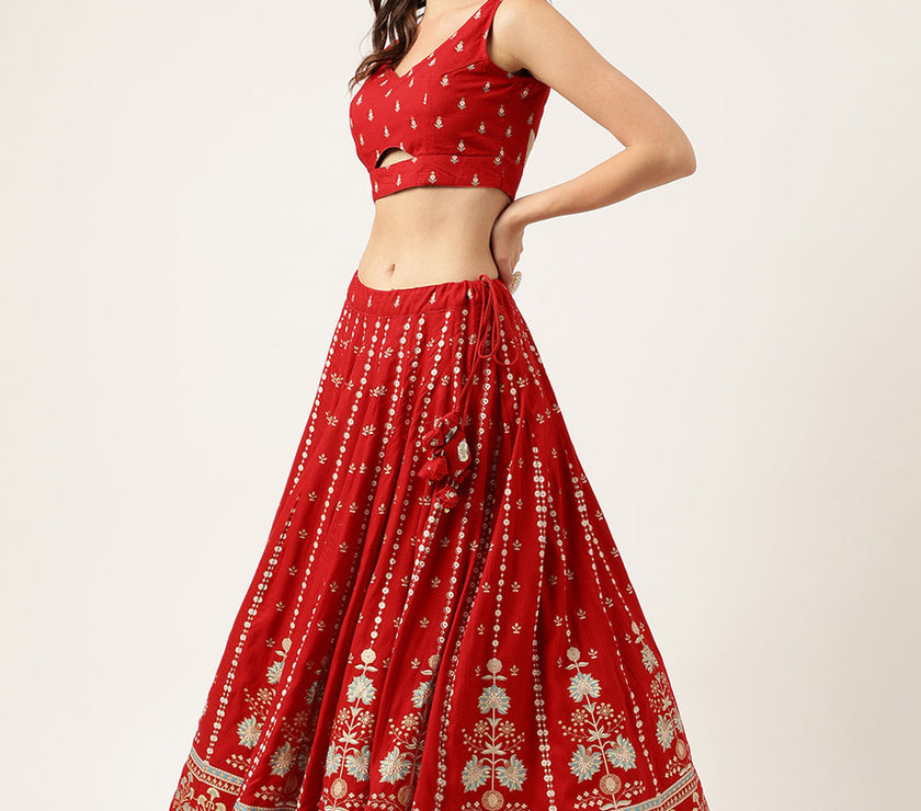 Ethnic Motifs Printed Maroon Lehenga & Blouse With Dupatta