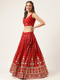 Ethnic Motifs Printed Maroon Lehenga & Blouse With Dupatta