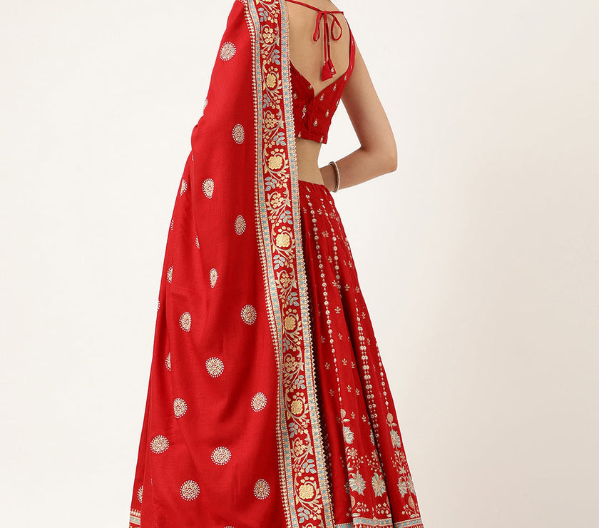 Ethnic Motifs Printed Maroon Lehenga & Blouse With Dupatta