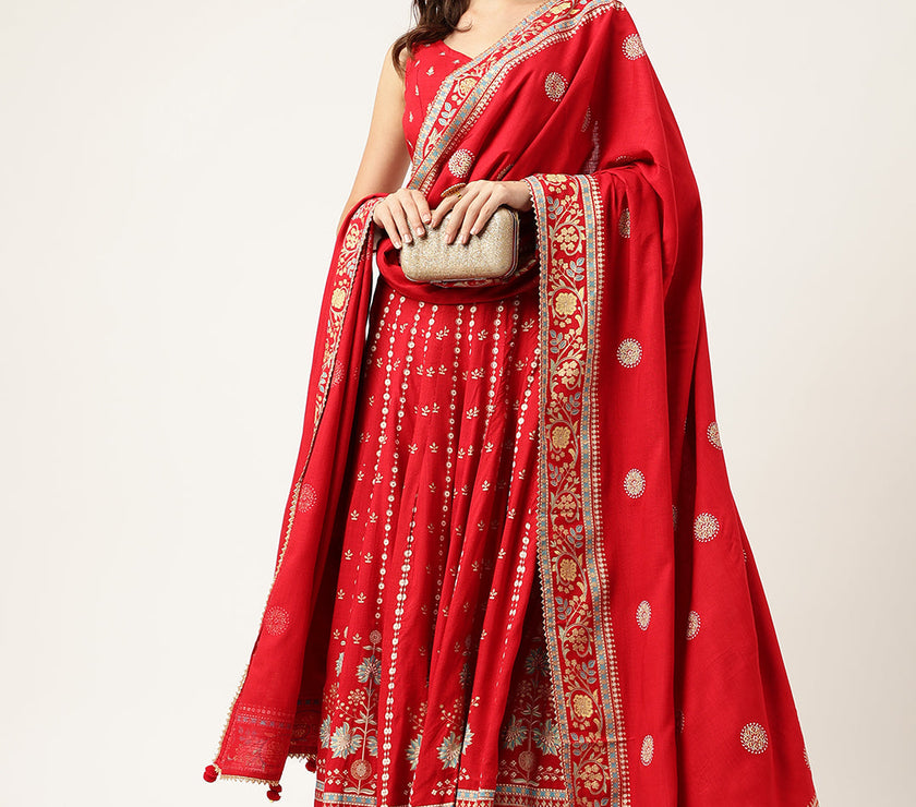 Ethnic Motifs Printed Maroon Lehenga & Blouse With Dupatta