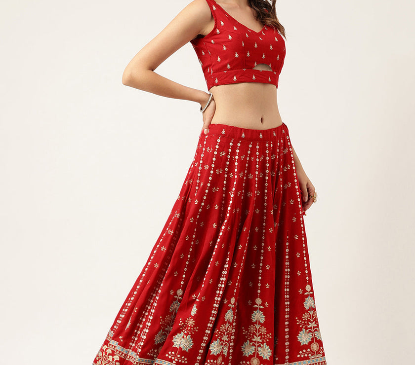 Ethnic Motifs Printed Maroon Lehenga & Blouse With Dupatta