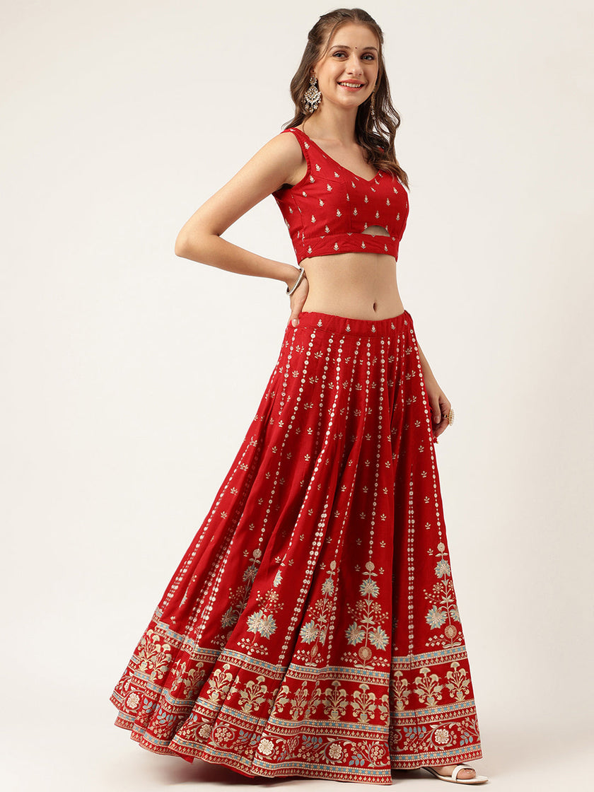 Ethnic Motifs Printed Maroon Lehenga & Blouse With Dupatta