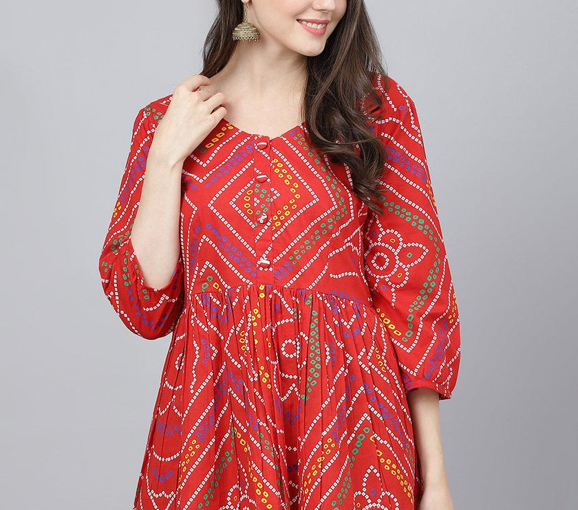 Divena Red Bandhani Printed Cotton Peplum Top - divena world