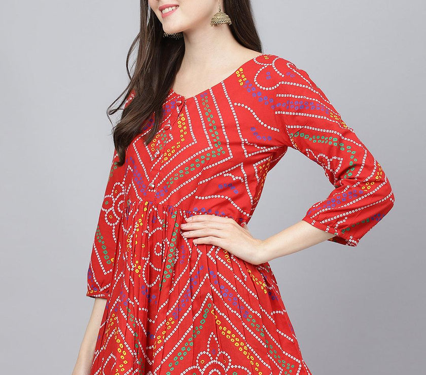 Divena Red Bandhani Printed Cotton Peplum Top - divena world