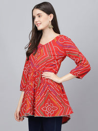 Divena Red Bandhani Printed Cotton Peplum Top - divena world