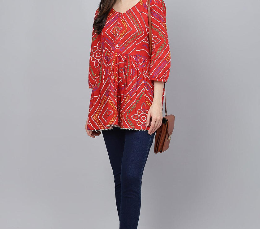 Divena Red Bandhani Printed Cotton Peplum Top - divena world