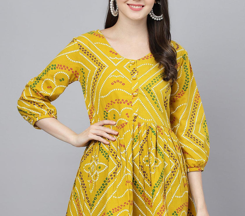 Divena Mustard Bandhani Printed Cotton Peplum Top - divena world