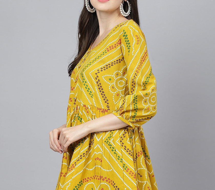 Divena Mustard Bandhani Printed Cotton Peplum Top - divena world