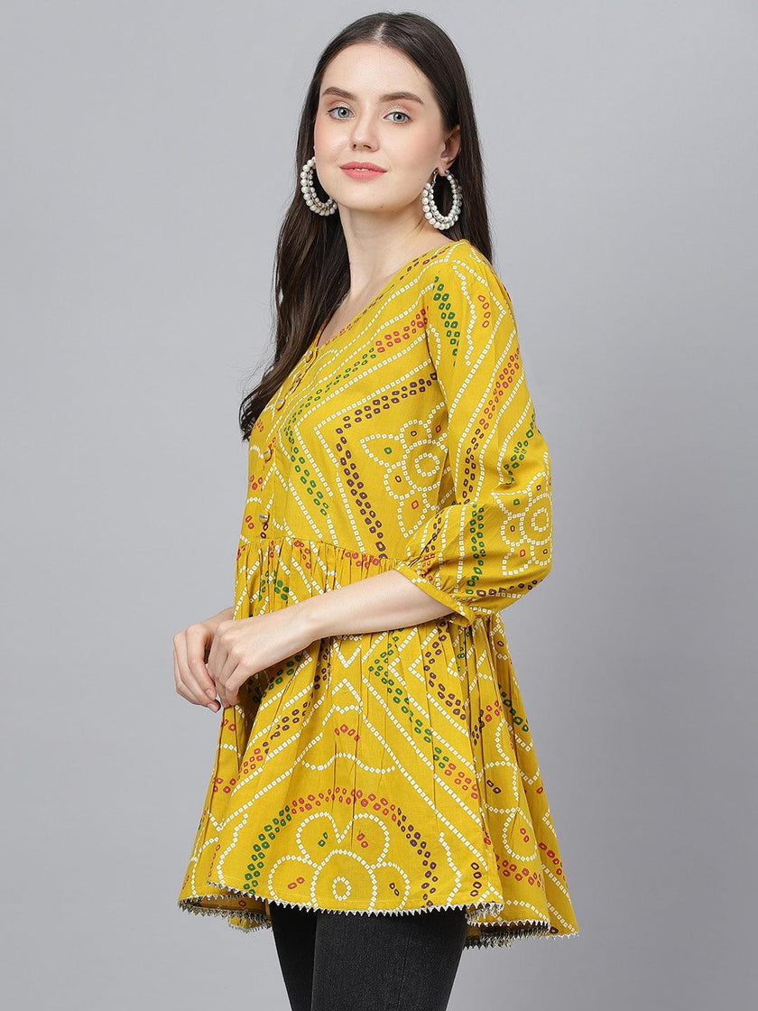 Divena Mustard Bandhani Printed Cotton Peplum Top - divena world