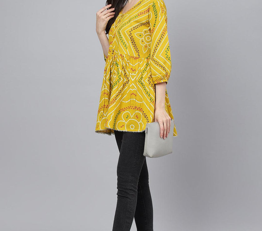 Divena Mustard Bandhani Printed Cotton Peplum Top - divena world