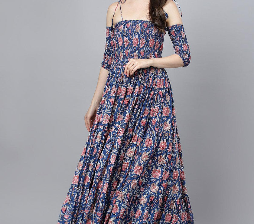 Divena Blue Floral Printed Shoulder Strips Flared Long Dress - divena world