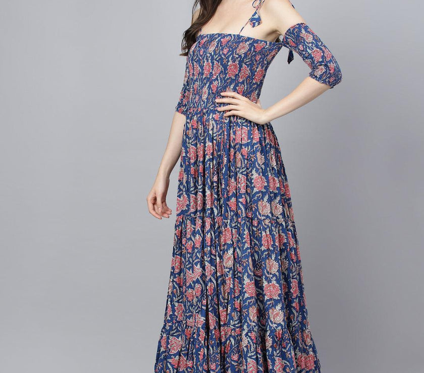 Divena Blue Floral Printed Shoulder Strips Flared Long Dress - divena world