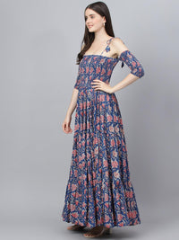 Divena Blue Floral Printed Shoulder Strips Flared Long Dress - divena world