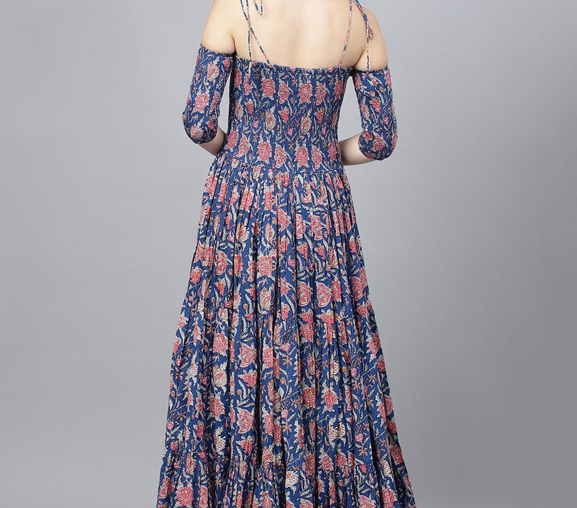 Divena Blue Floral Printed Shoulder Strips Flared Long Dress - divena world