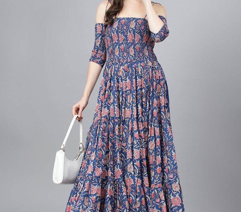 Divena Blue Floral Printed Shoulder Strips Flared Long Dress - divena world