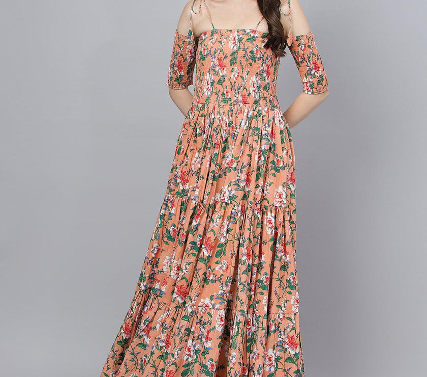 Divena Peach Floral Printed Shoulder Strips Flared Long Dress - divena world