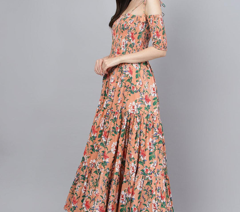 Divena Peach Floral Printed Shoulder Strips Flared Long Dress - divena world