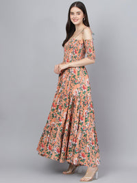 Divena Peach Floral Printed Shoulder Strips Flared Long Dress - divena world