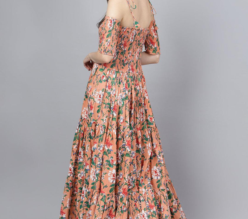 Divena Peach Floral Printed Shoulder Strips Flared Long Dress - divena world