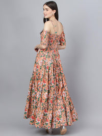 Divena Peach Floral Printed Shoulder Strips Flared Long Dress - divena world