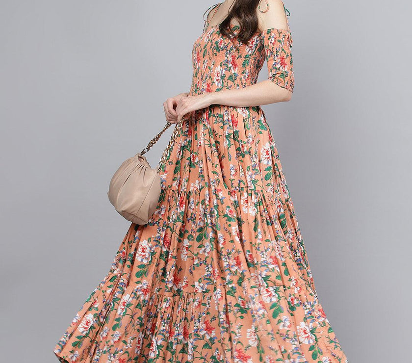 Divena Peach Floral Printed Shoulder Strips Flared Long Dress - divena world