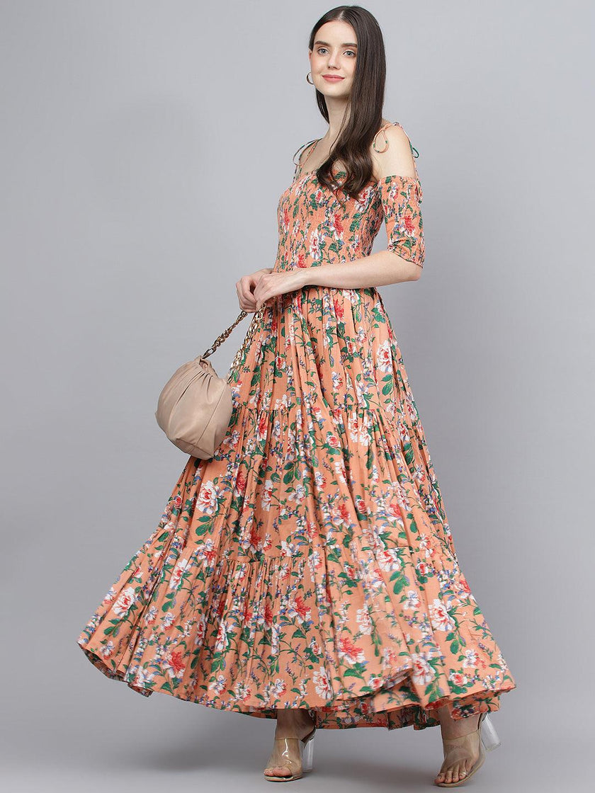 Divena Peach Floral Printed Shoulder Strips Flared Long Dress - divena world