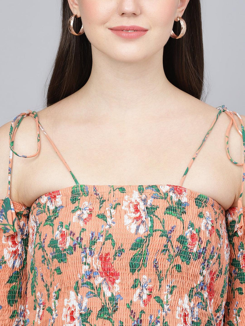 Divena Peach Floral Printed Shoulder Strips Flared Long Dress - divena world