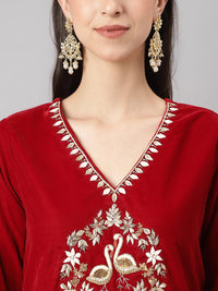 Divena Maroon Solid Valvet hand work Kurta pant With Organza Dupatta set - divena world