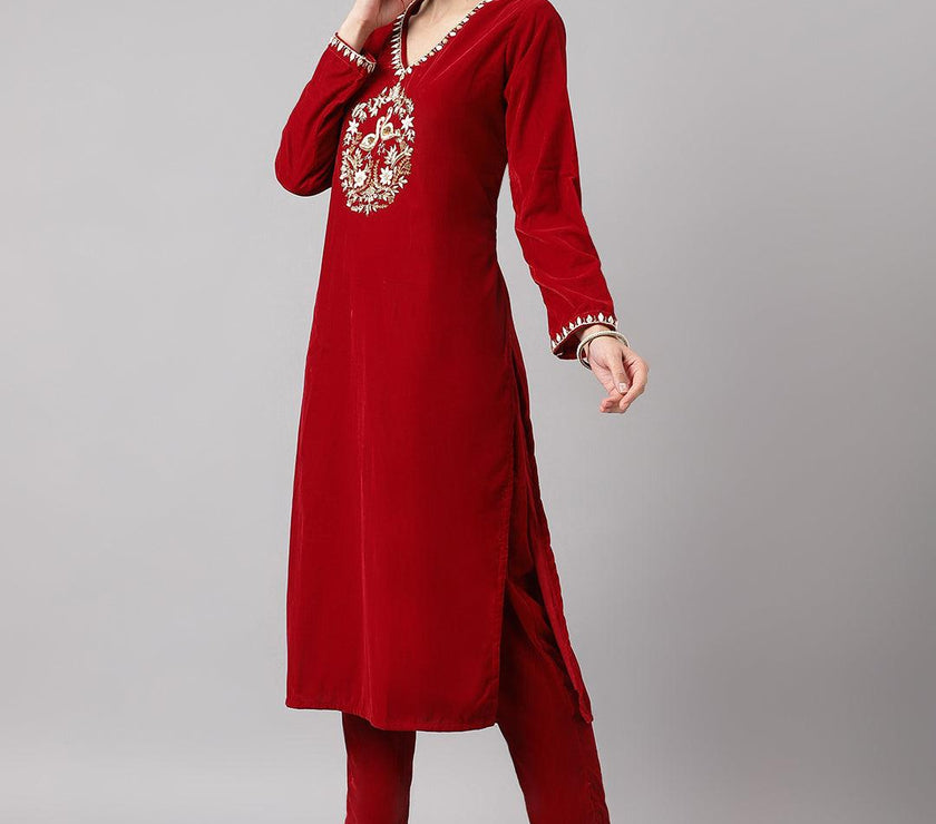 Divena Maroon Solid Valvet hand work Kurta pant With Organza Dupatta set - divena world