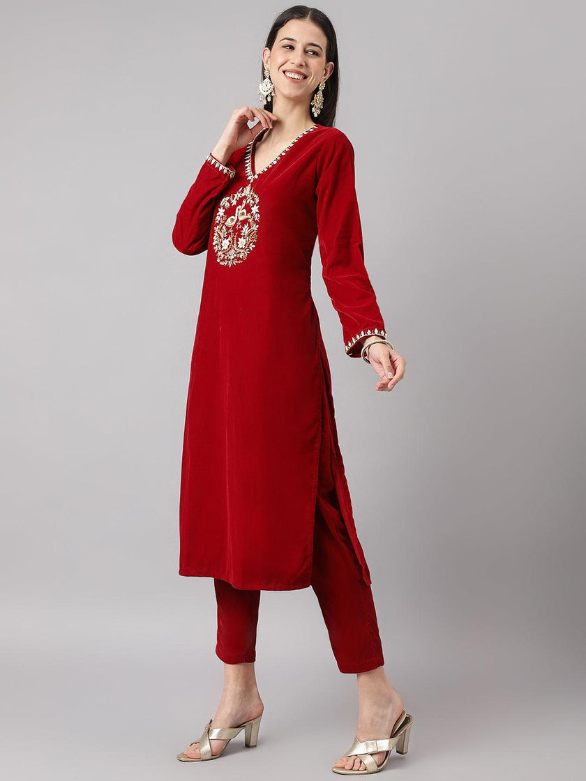 Divena Maroon Solid Valvet hand work Kurta pant With Organza Dupatta set - divena world