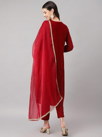 Divena Maroon Solid Valvet hand work Kurta pant With Organza Dupatta set - divena world