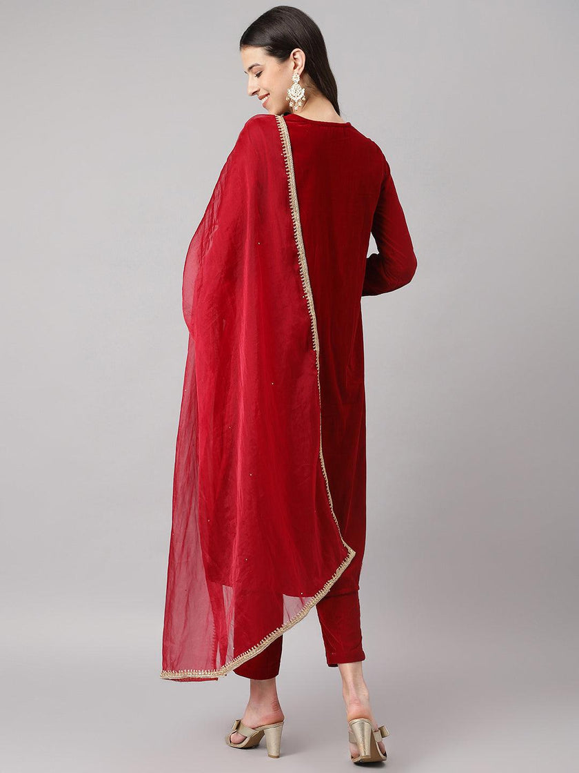 Divena Maroon Solid Valvet hand work Kurta pant With Organza Dupatta set - divena world