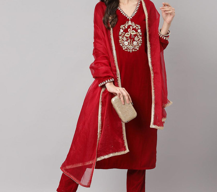 Divena Maroon Solid Valvet hand work Kurta pant With Organza Dupatta set - divena world