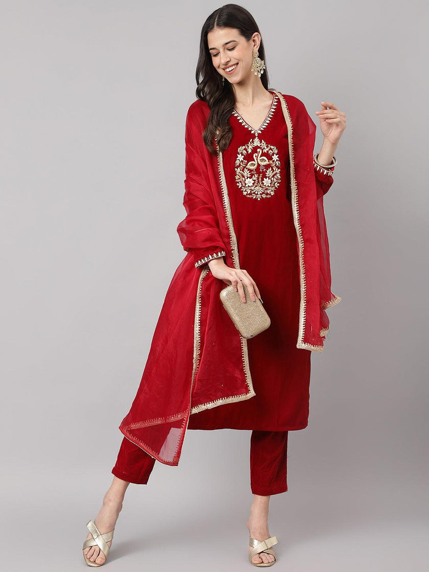 Divena Maroon Solid Valvet hand work Kurta pant With Organza Dupatta set - divena world