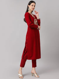 Divena Maroon Solid Valvet hand work Kurta pant With Organza Dupatta set - divena world