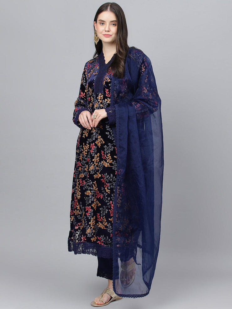 Divena Blue Floral Burn Out Velvet Kurta pant With Organza Dupatta set - divena world