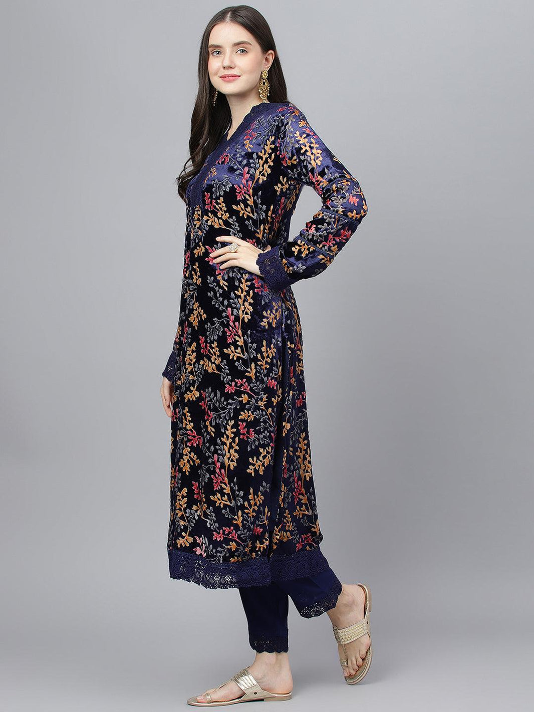 Divena Blue Floral Burn Out Velvet Kurta pant With Organza Dupatta set - divena world