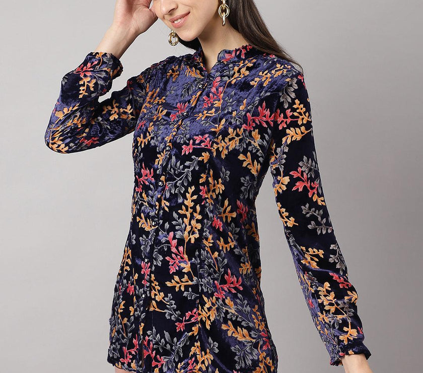 Divena Blue Floral Burn out Valvet A-line Shirts Style Top - divena world