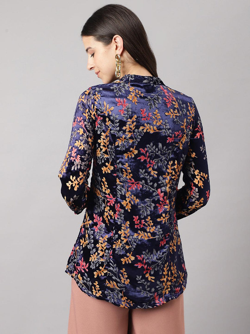 Divena Blue Floral Burn out Valvet A-line Shirts Style Top - divena world