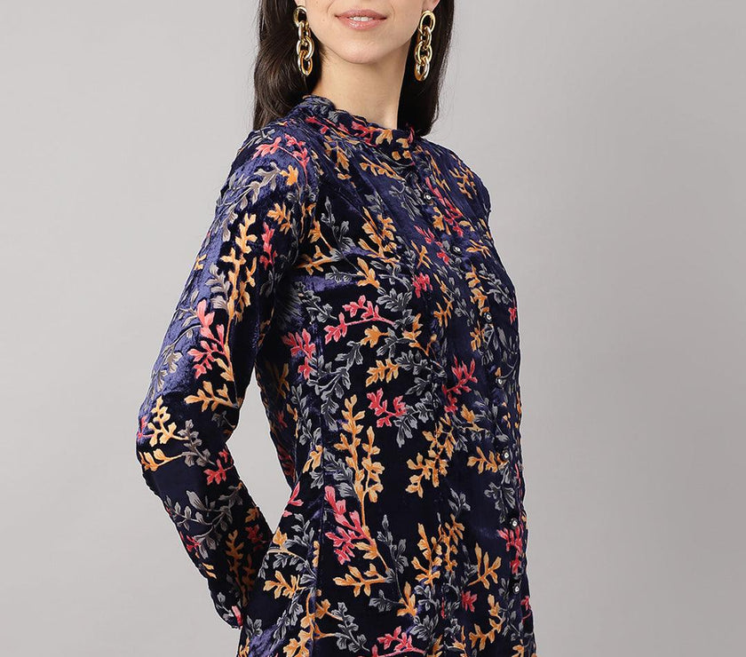 Divena Blue Floral Burn out Valvet A-line Shirts Style Top - divena world