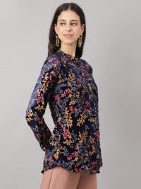 Divena Blue Floral Burn out Valvet A-line Shirts Style Top - divena world